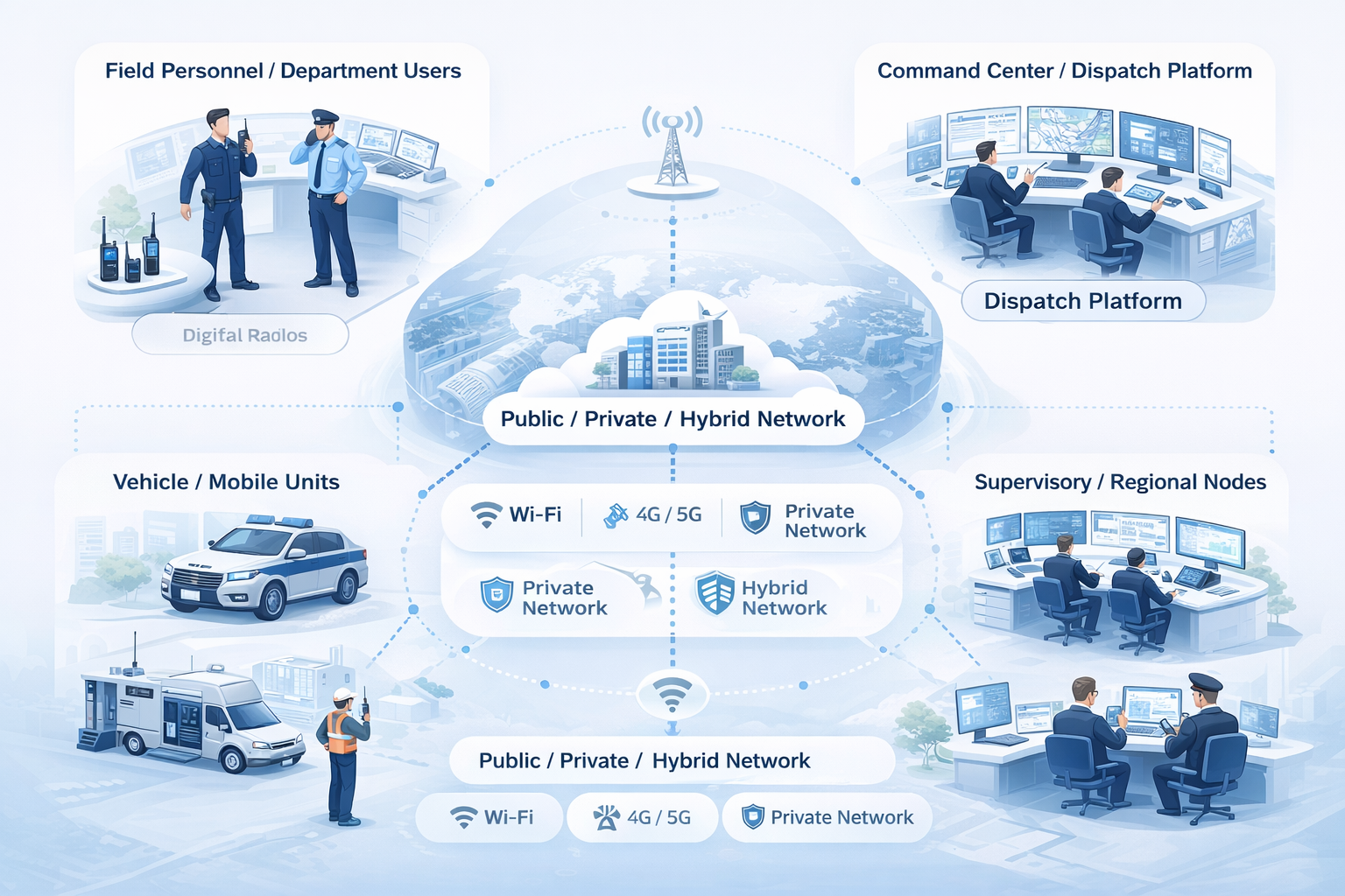 Government and private network communication architecture diagram
