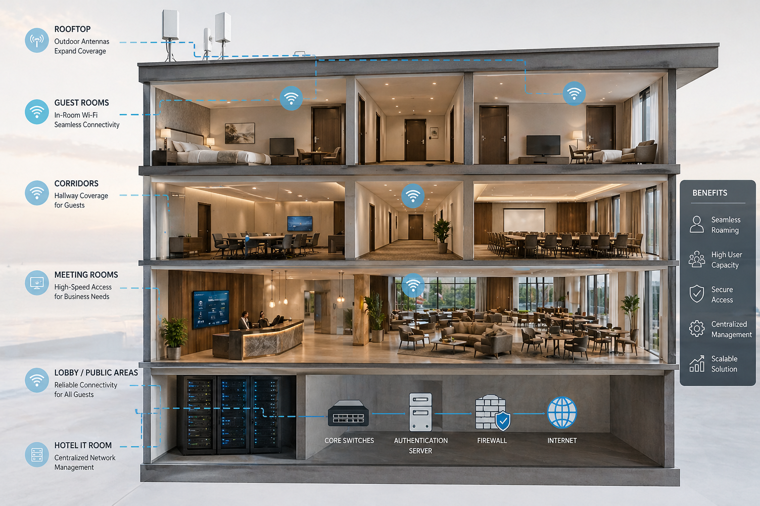 Hotel multi-floor radio coverage overview