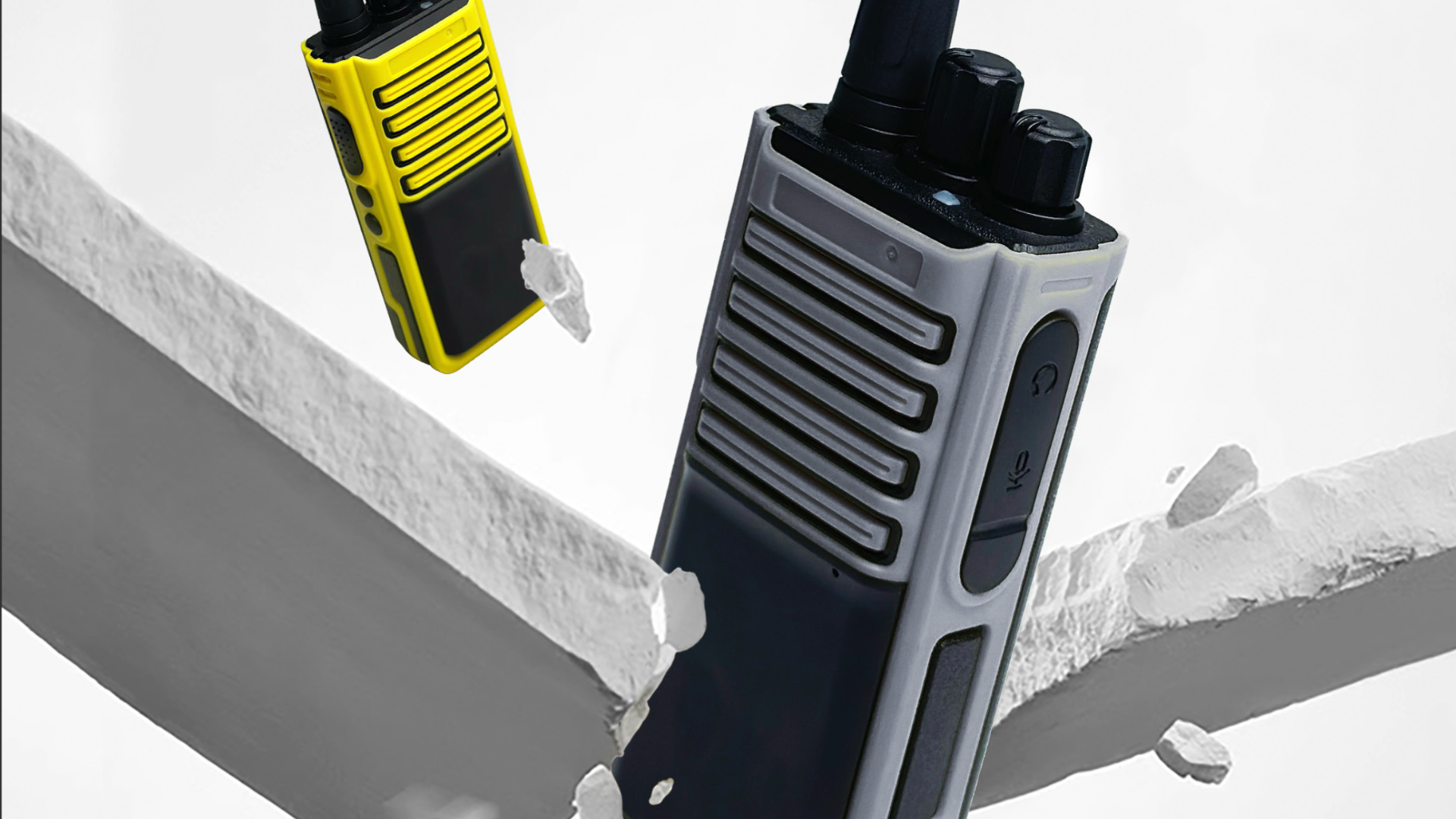 Four professional radio communication devices arranged for comparison